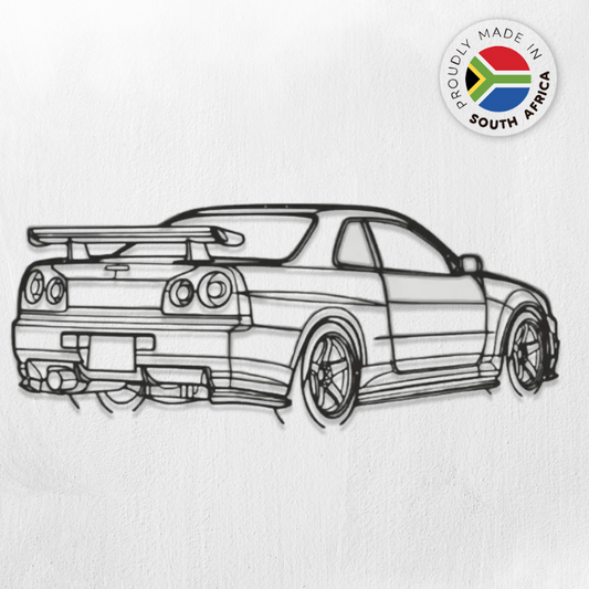 Nissan GTR R34 Rear Angle Detailed Silhouette Metal Wall Art